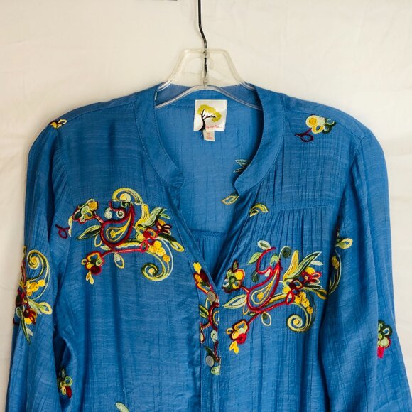 Anthropologie Fig & Flower Women's Size Small Blue Floral Embroidered Blouse Top - Picture 2 of 5